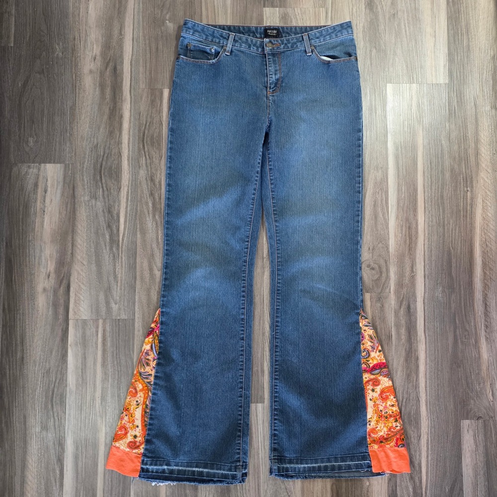 Nicole by Nicole Miller Paisley Flare Jeans Medium Wash Boho Frayed Hem Size 10